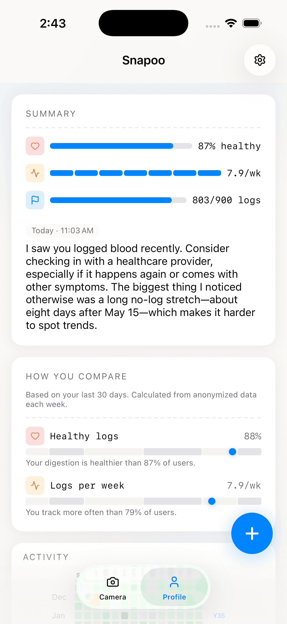 Snapoo profile with health summary and AI insight