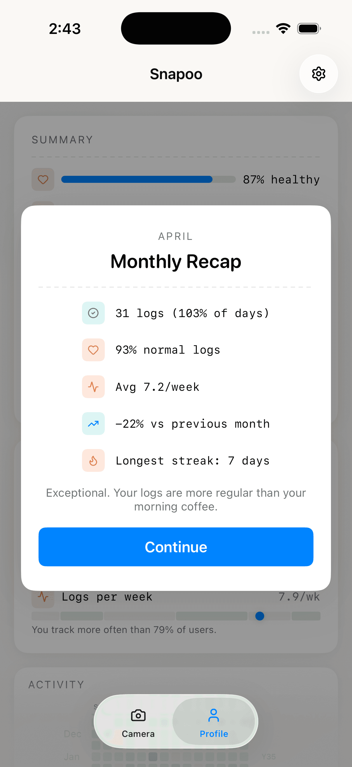 Snapoo monthly recap with consistency stats